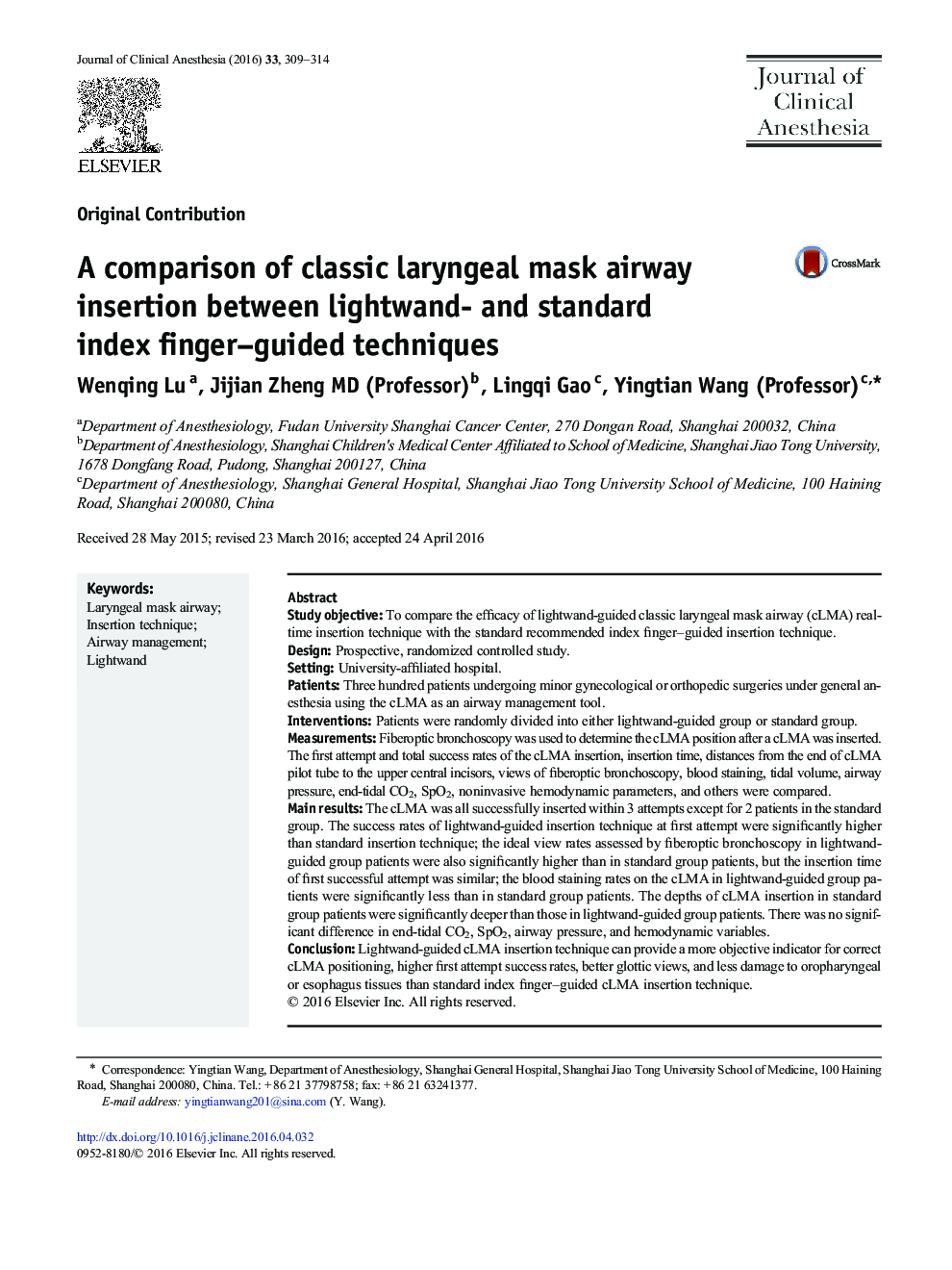 A comparison of classic laryngeal mask airway insertion between lightwand- and standard index finger–guided techniques