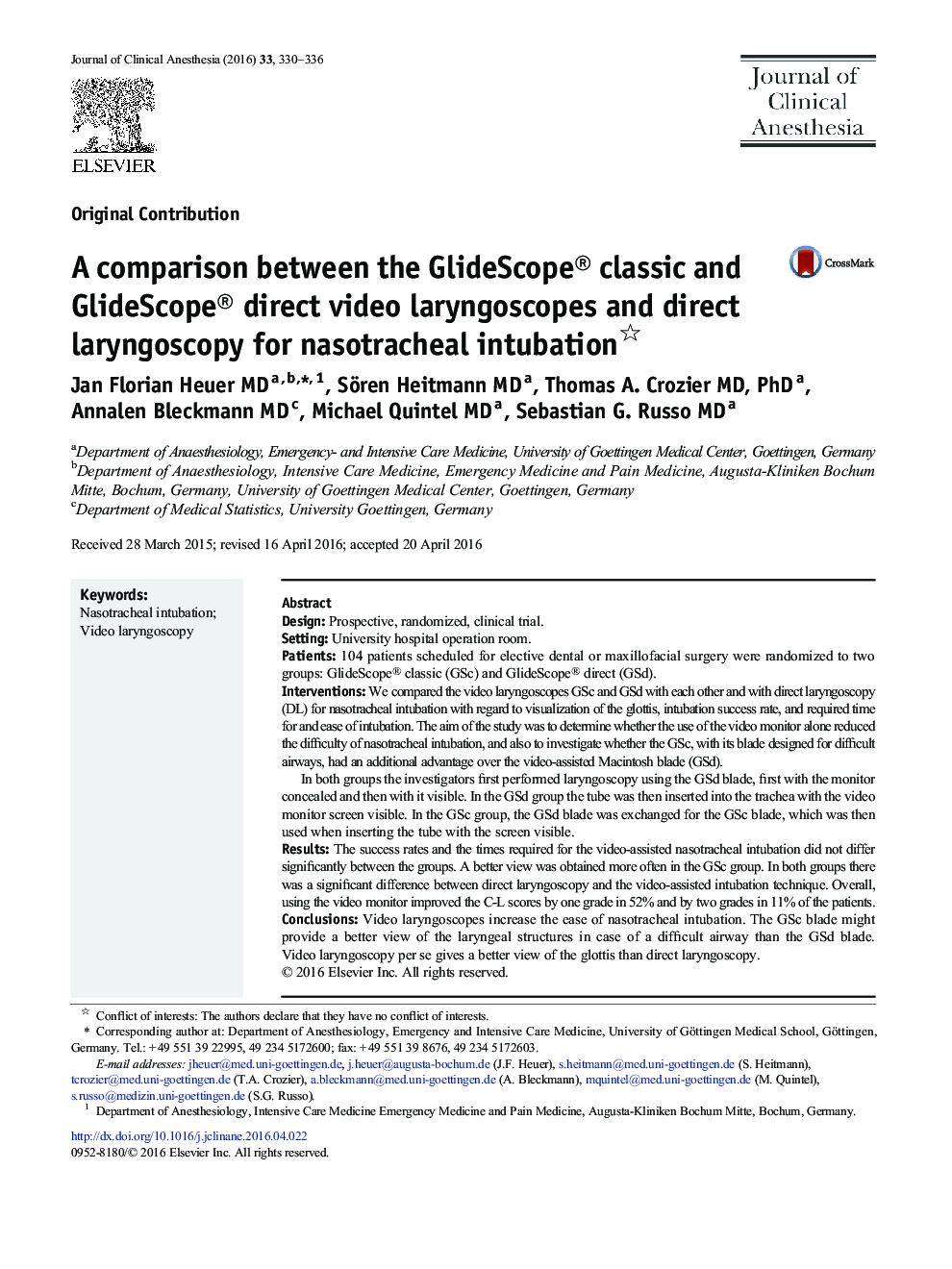 A comparison between the GlideScope® classic and GlideScope® direct video laryngoscopes and direct laryngoscopy for nasotracheal intubation 
