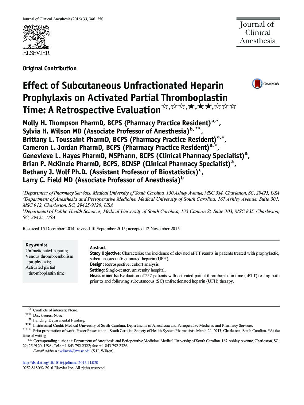 Effect of Subcutaneous Unfractionated Heparin Prophylaxis on Activated Partial Thromboplastin Time: A Retrospective Evaluation ★★★