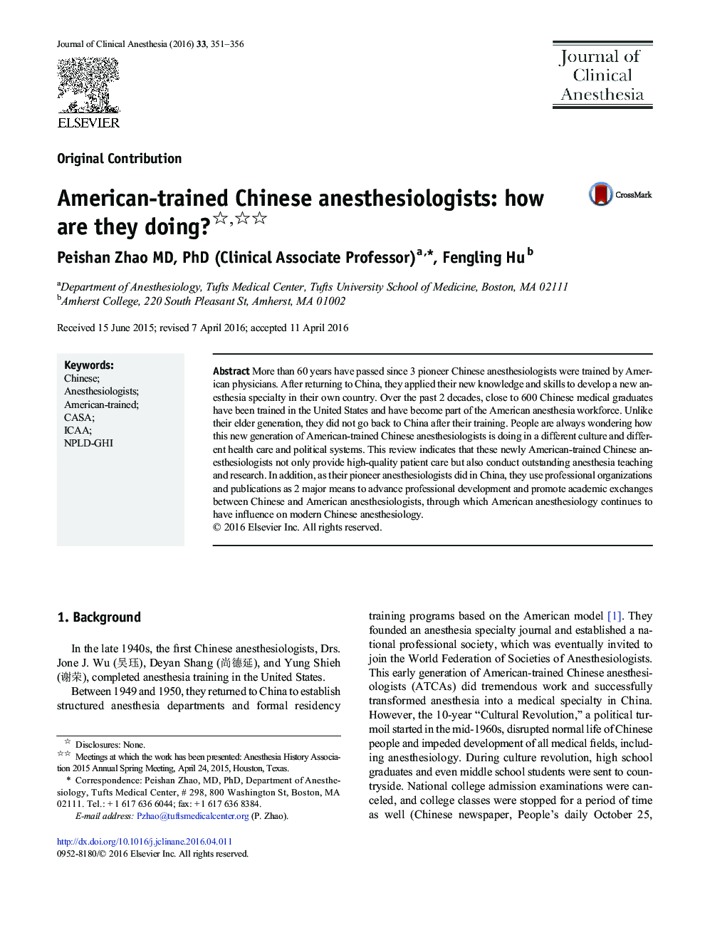 American-trained Chinese anesthesiologists: how are they doing?