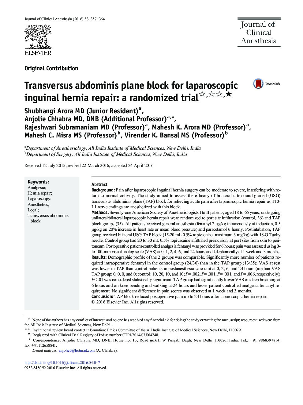 Transversus abdominis plane block for laparoscopic inguinal hernia repair: a randomized trial ★