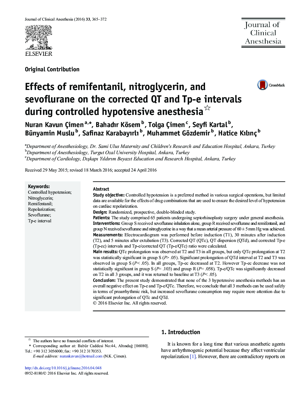 Effects of remifentanil, nitroglycerin, and sevoflurane on the corrected QT and Tp-e intervals during controlled hypotensive anesthesia 