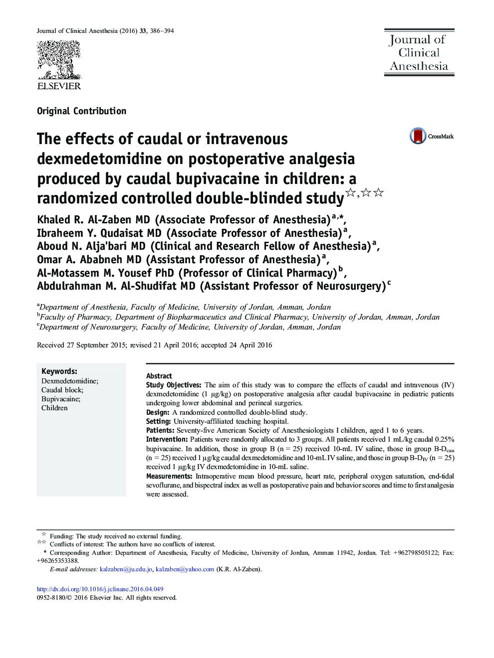 اثرات دگزامتومیدین کادو یا وریدی بر درد زایمان پس از عمل بوپیفاواکائین کادال در کودکان: یک مطالعه تصادفی دو سوکور 