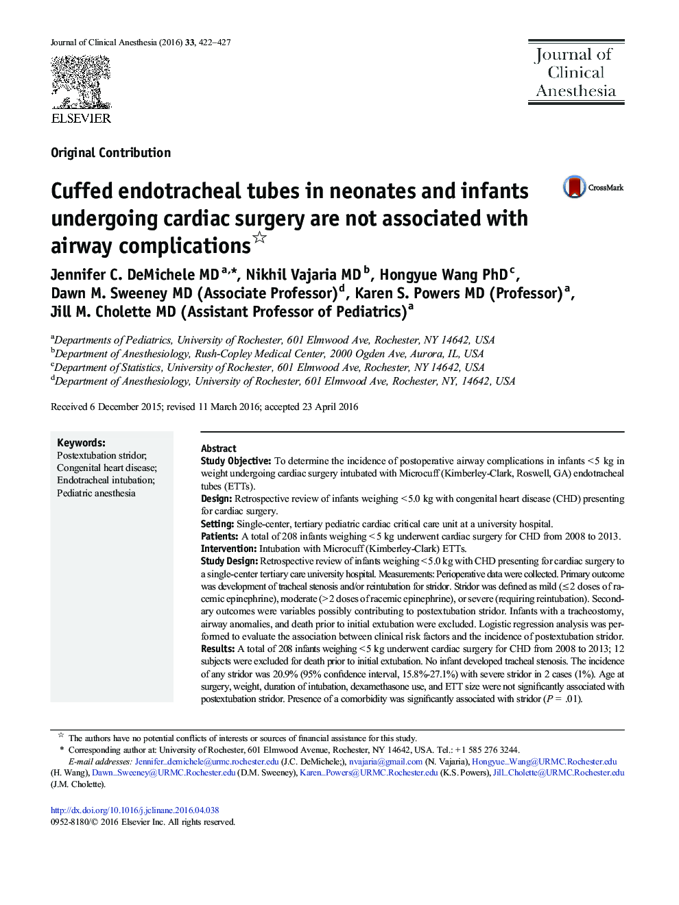 Cuffed endotracheal tubes in neonates and infants undergoing cardiac surgery are not associated with airway complications 