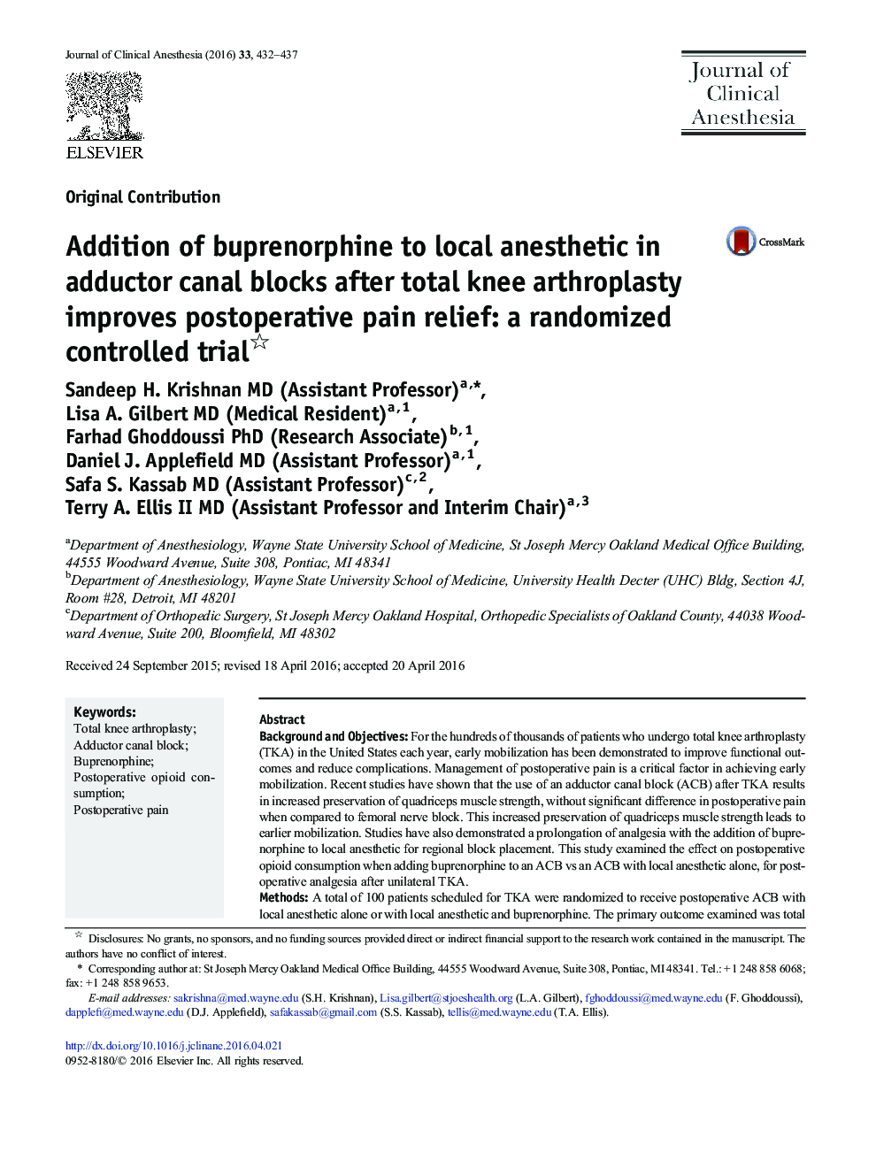 Addition of buprenorphine to local anesthetic in adductor canal blocks after total knee arthroplasty improves postoperative pain relief: a randomized controlled trial 