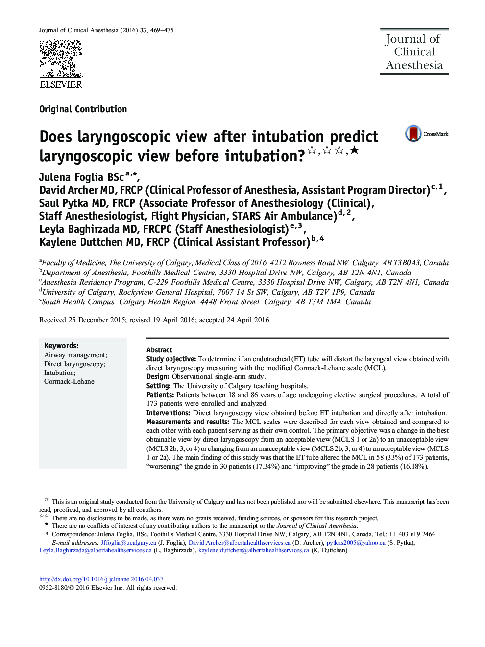 Does laryngoscopic view after intubation predict laryngoscopic view before intubation? ★