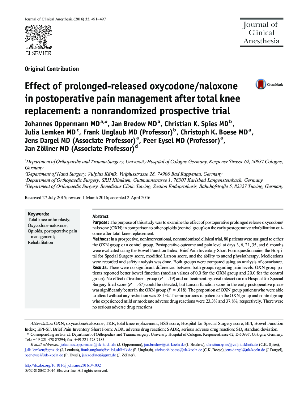 Effect of prolonged-released oxycodone/naloxone in postoperative pain management after total knee replacement: a nonrandomized prospective trial