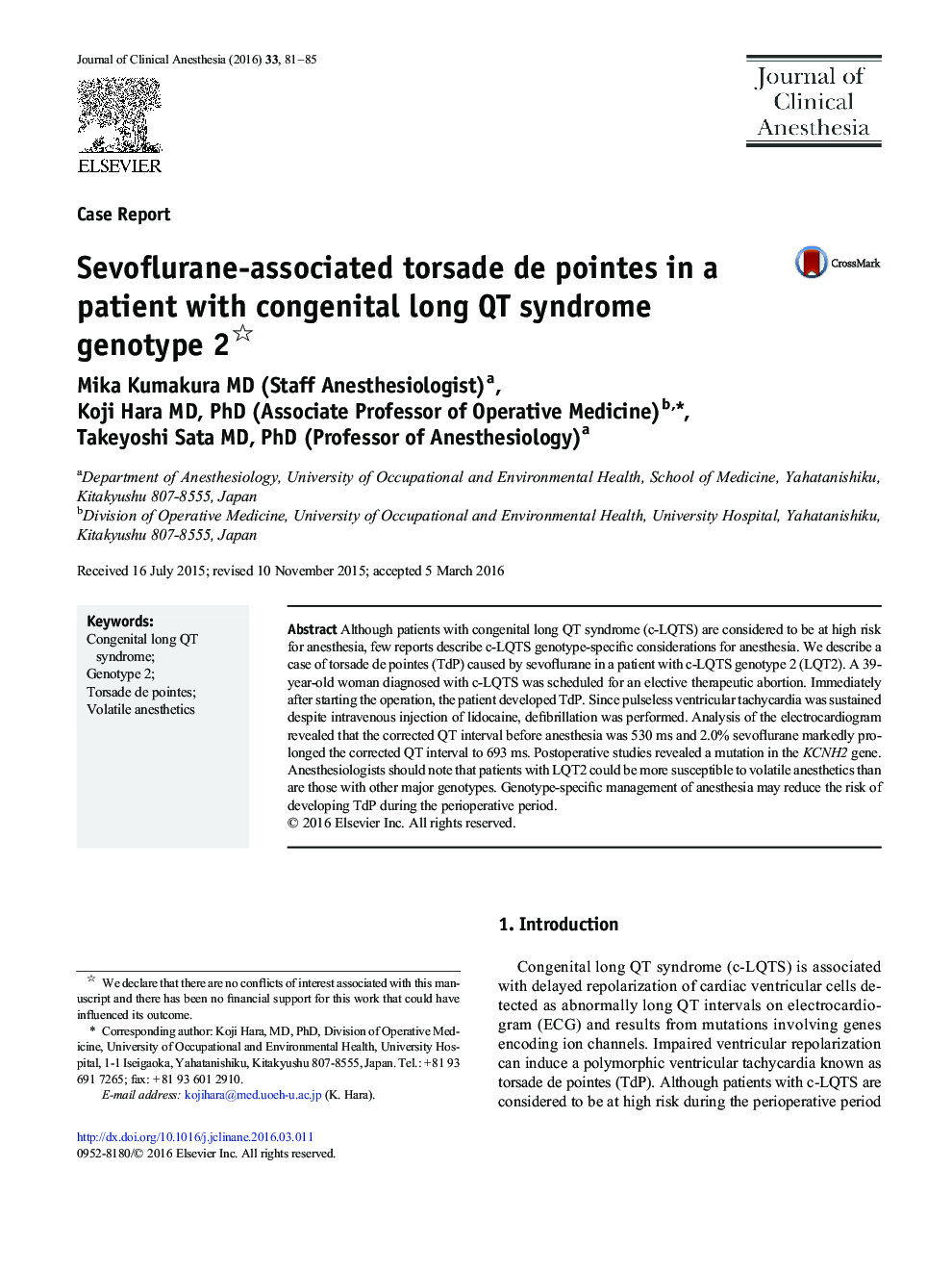 Sevoflurane-associated torsade de pointes in a patient with congenital long QT syndrome genotype 2 