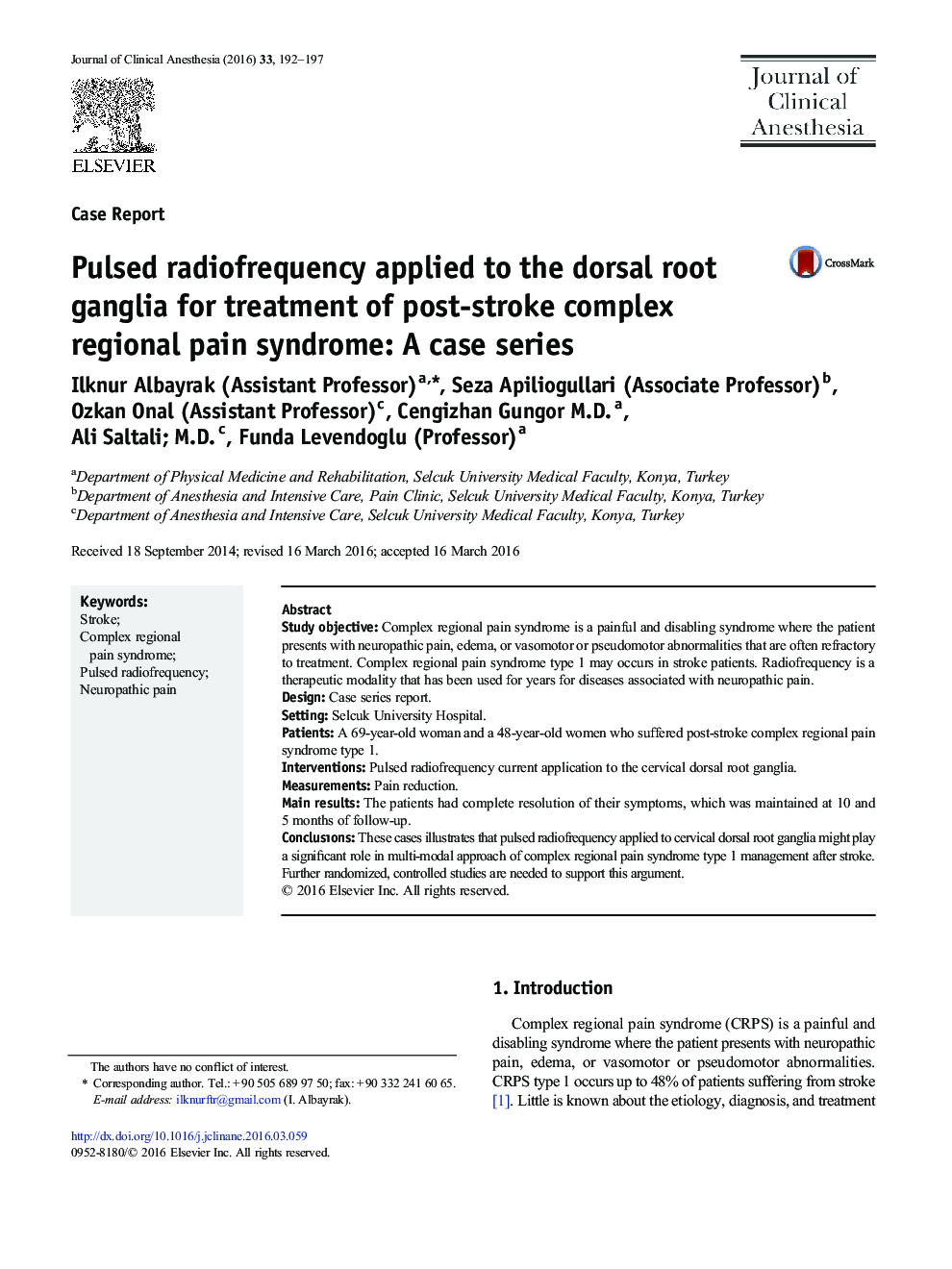 Pulsed radiofrequency applied to the dorsal root ganglia for treatment of post-stroke complex regional pain syndrome: A case series 
