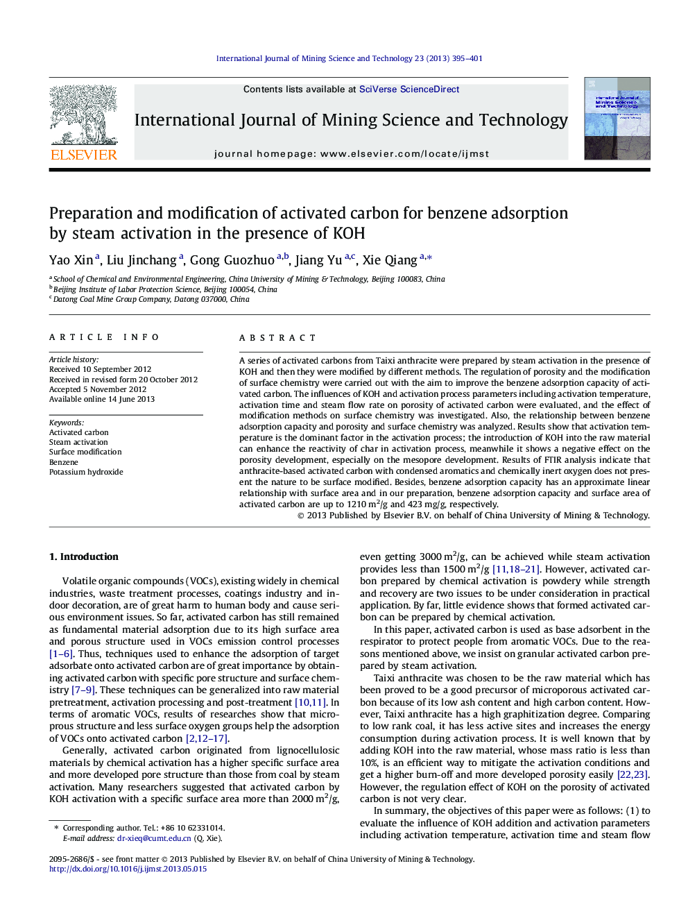 Preparation and modification of activated carbon for benzene adsorption by steam activation in the presence of KOH