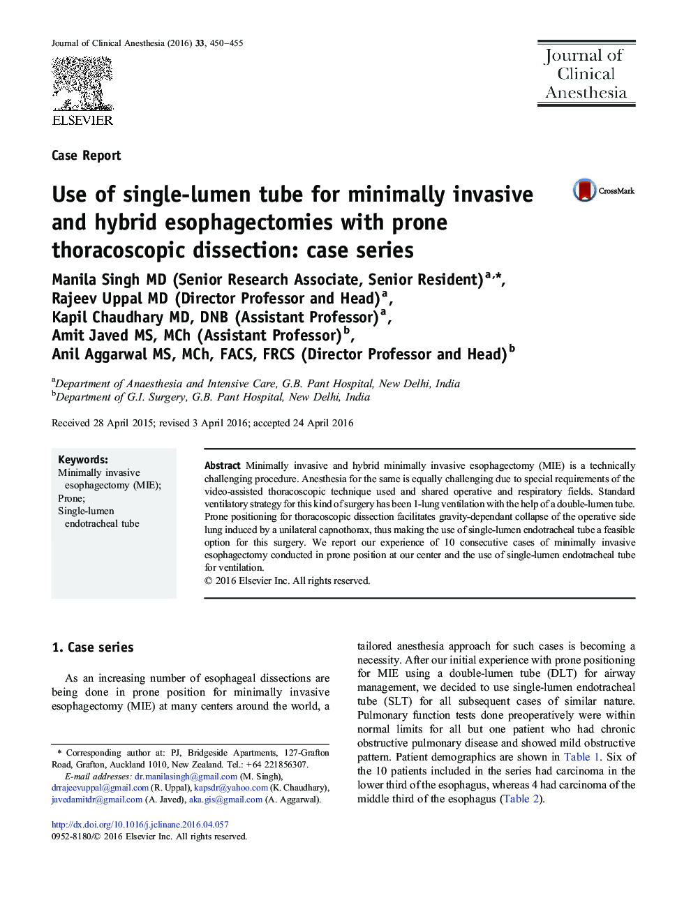 Use of single-lumen tube for minimally invasive and hybrid esophagectomies with prone thoracoscopic dissection: case series
