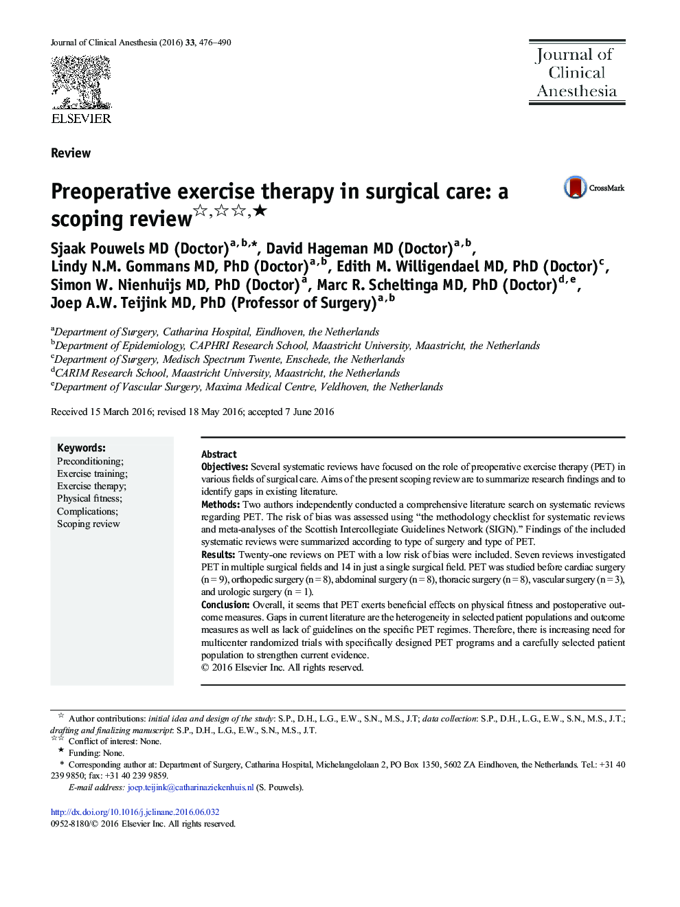 Preoperative exercise therapy in surgical care: a scoping review ★