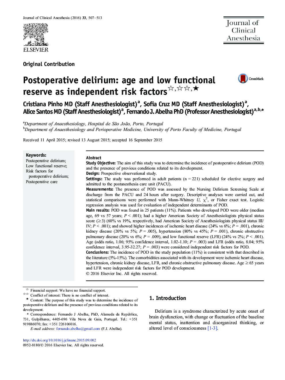 Postoperative delirium: age and low functional reserve as independent risk factors ★