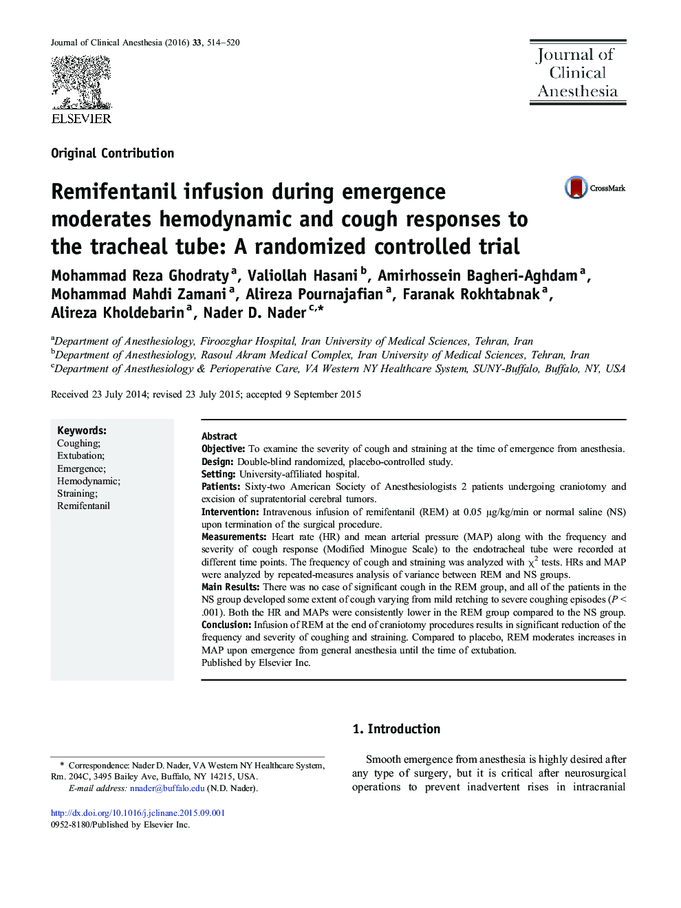 Remifentanil infusion during emergence moderates hemodynamic and cough responses to the tracheal tube: A randomized controlled trial