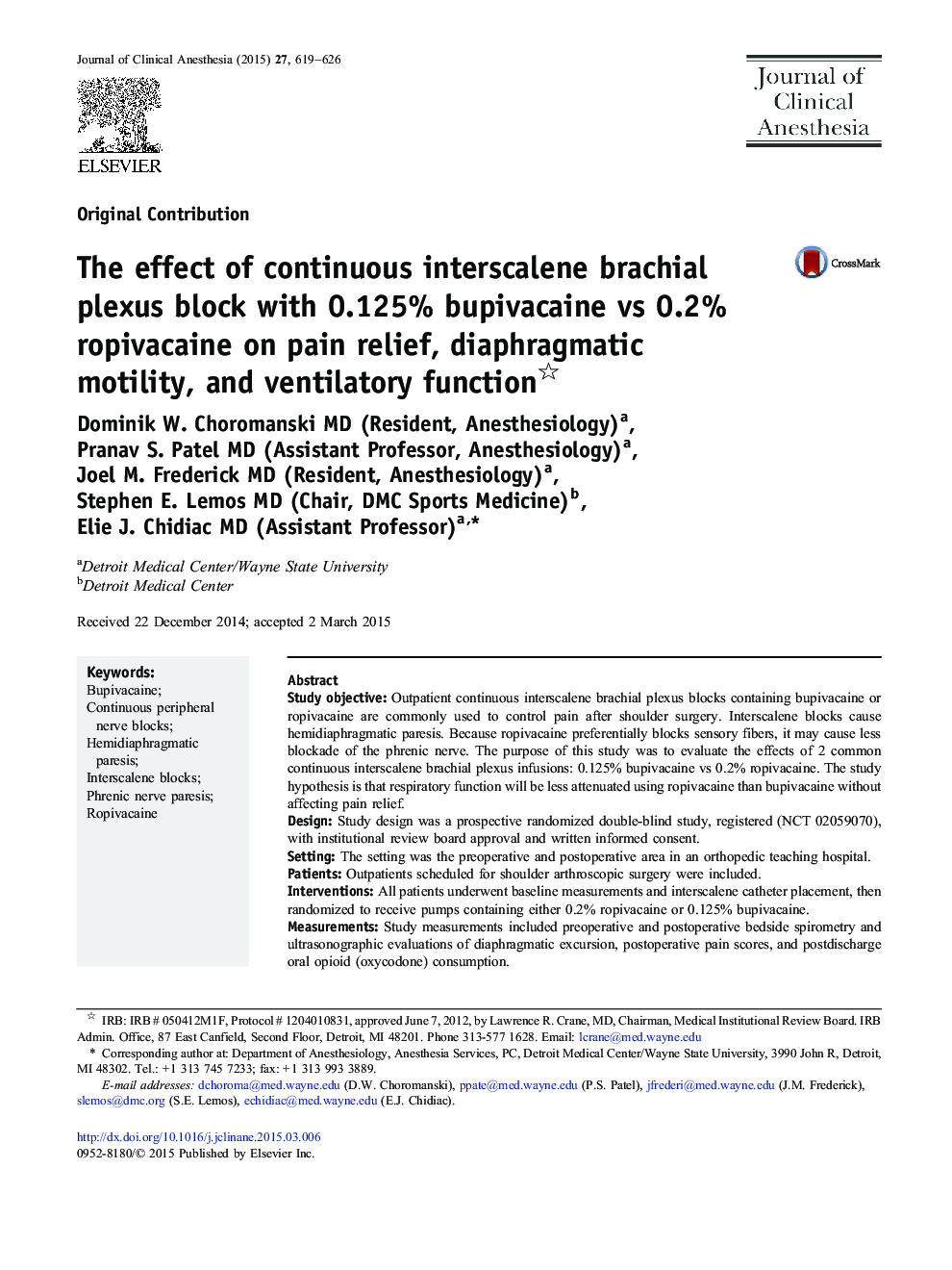 The effect of continuous interscalene brachial plexus block with 0.125% bupivacaine vs 0.2% ropivacaine on pain relief, diaphragmatic motility, and ventilatory function 