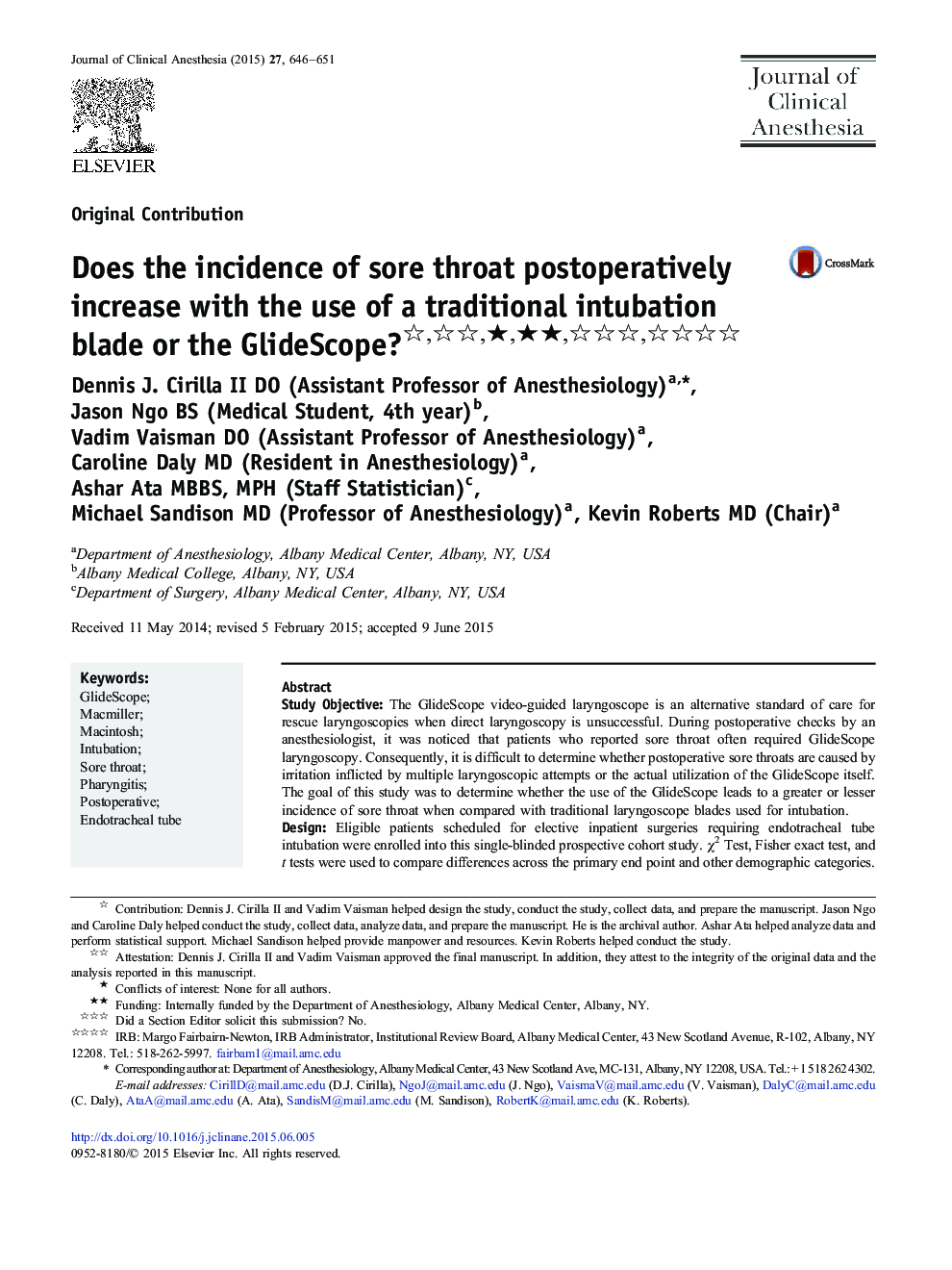 Does the incidence of sore throat postoperatively increase with the use of a traditional intubation blade or the GlideScope? ★★★