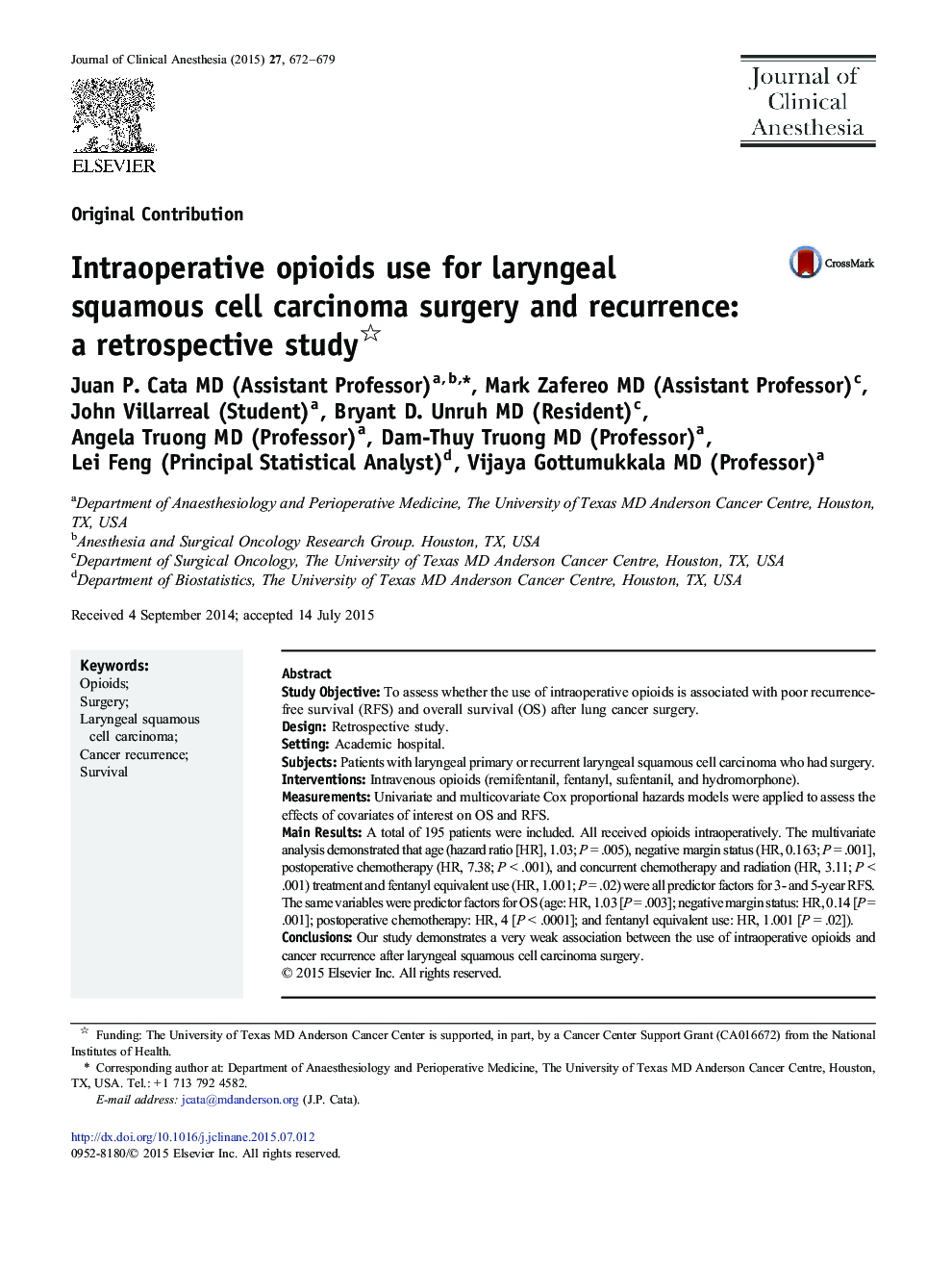 Intraoperative opioids use for laryngeal squamous cell carcinoma surgery and recurrence: a retrospective study 