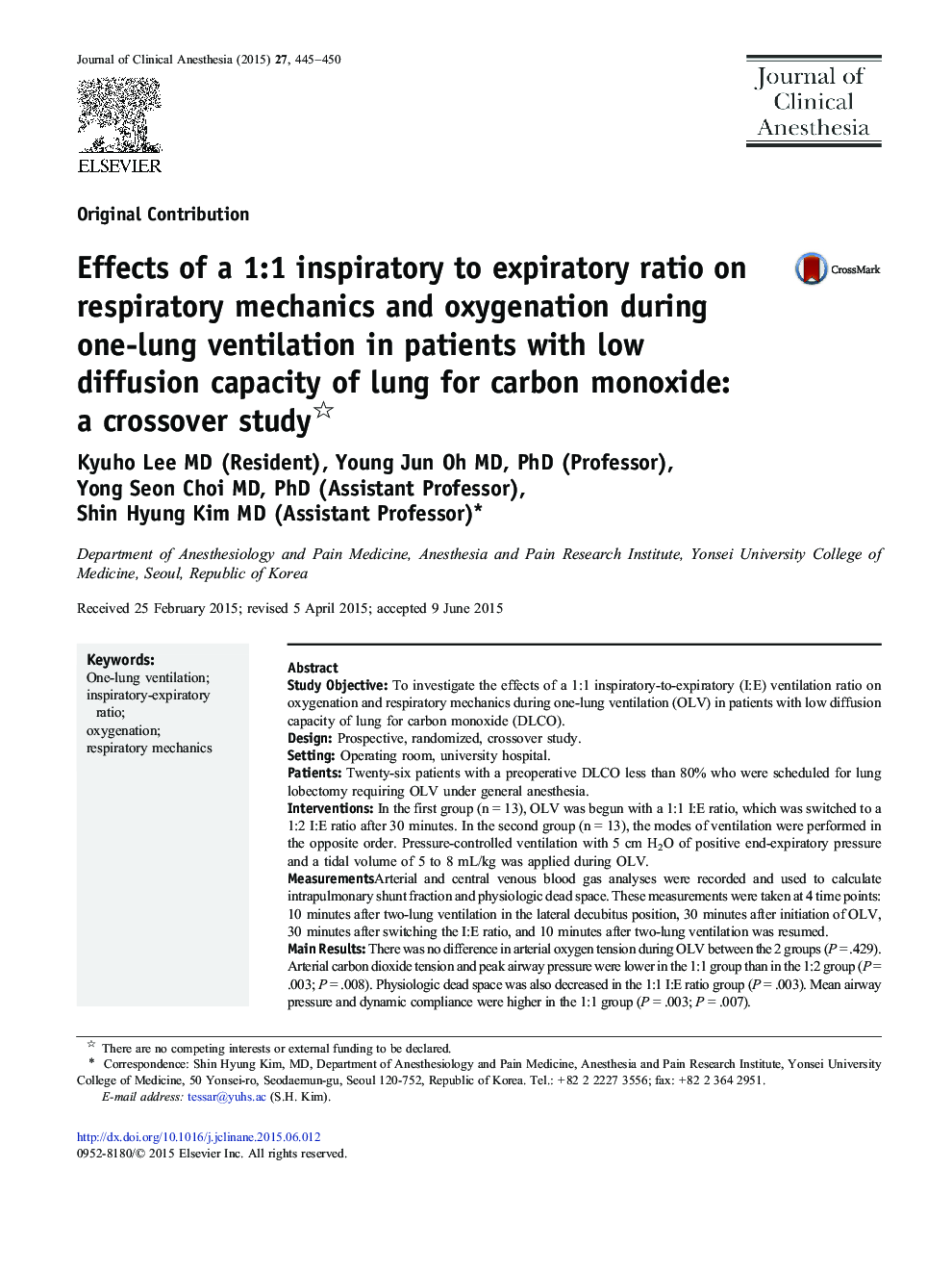 Effects of a 1:1 inspiratory to expiratory ratio on respiratory mechanics and oxygenation during one-lung ventilation in patients with low diffusion capacity of lung for carbon monoxide: a crossover study 