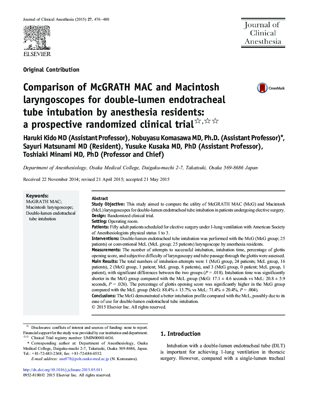 Comparison of McGRATH MAC and Macintosh laryngoscopes for double-lumen endotracheal tube intubation by anesthesia residents: a prospective randomized clinical trial 