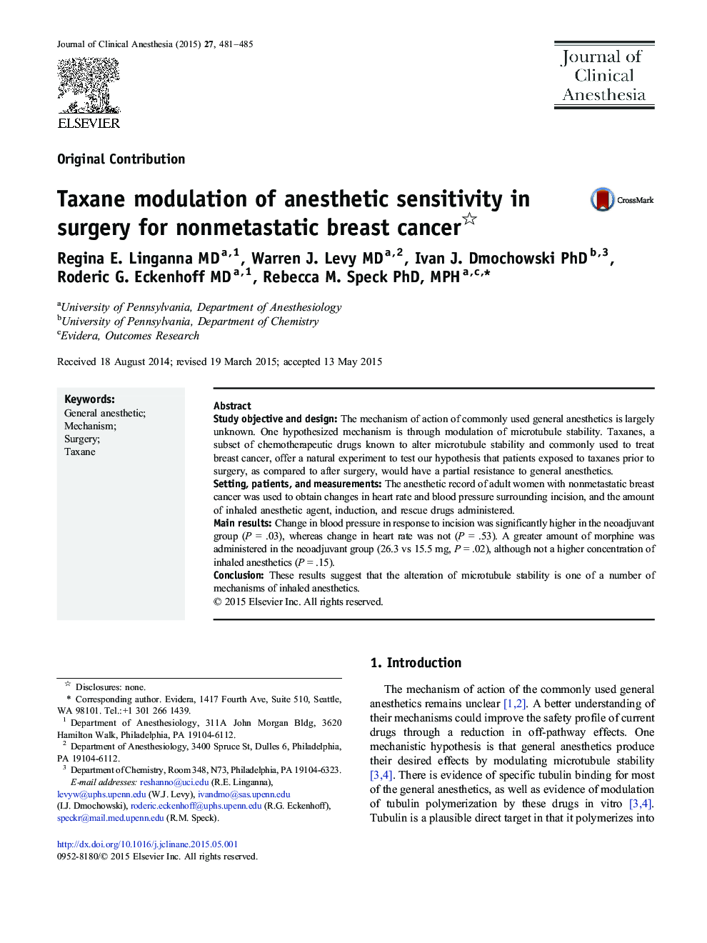 Taxane modulation of anesthetic sensitivity in surgery for nonmetastatic breast cancer 