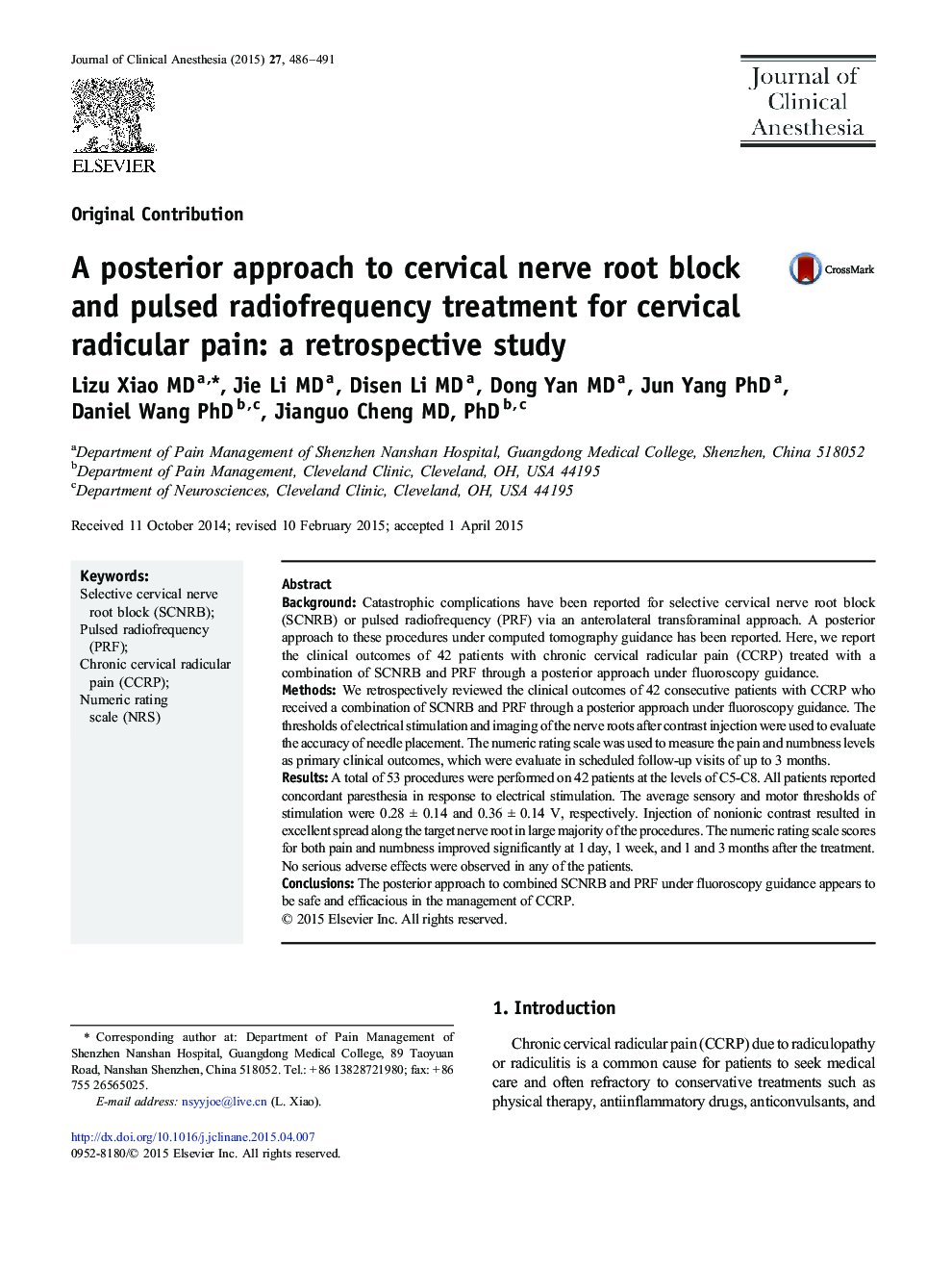 یک رویکرد خلفی به بلوک ریشه عصب دهانه رحم و درمان رادیویی فرکانس پالس برای درد ریدیکال گردنی: یک مطالعه گذشته نگر 