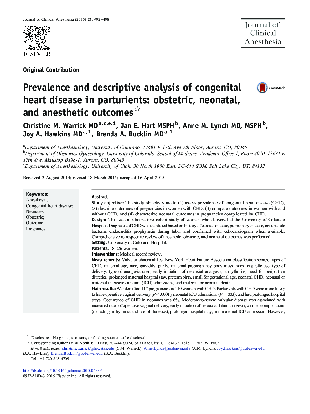 Prevalence and descriptive analysis of congenital heart disease in parturients: obstetric, neonatal, and anesthetic outcomes 