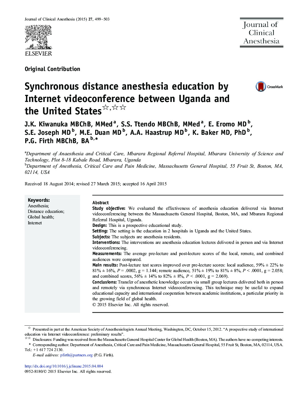 Synchronous distance anesthesia education by Internet videoconference between Uganda and the United States 