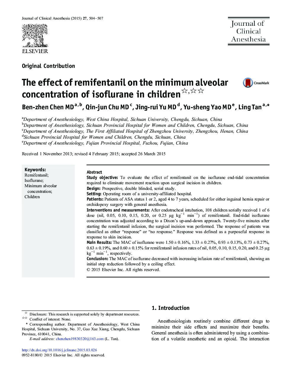 The effect of remifentanil on the minimum alveolar concentration of isoflurane in children 