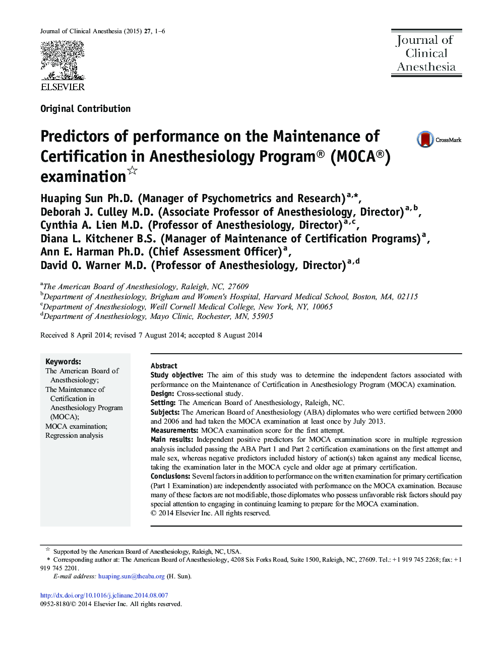 Predictors of performance on the Maintenance of Certification in Anesthesiology Program® (MOCA®) examination 