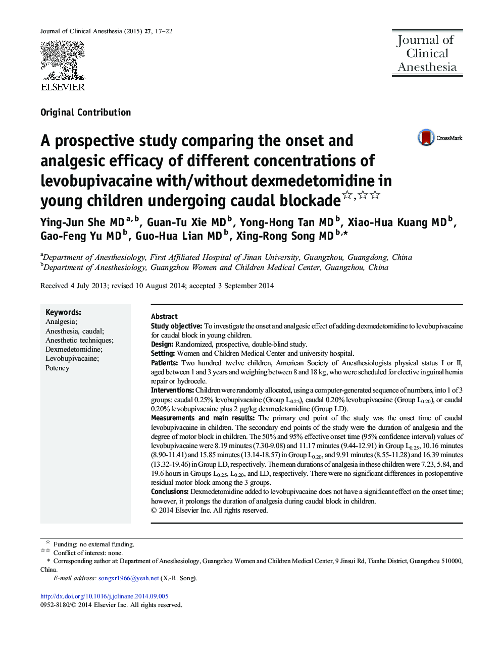 A prospective study comparing the onset and analgesic efficacy of different concentrations of levobupivacaine with/without dexmedetomidine in young children undergoing caudal blockade 