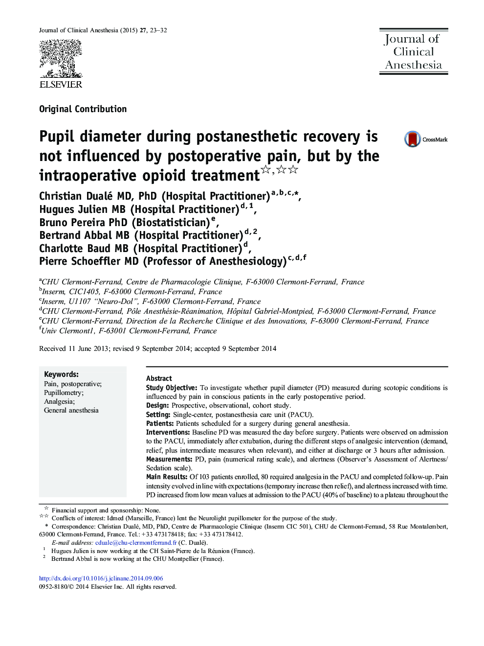 Pupil diameter during postanesthetic recovery is not influenced by postoperative pain, but by the intraoperative opioid treatment 