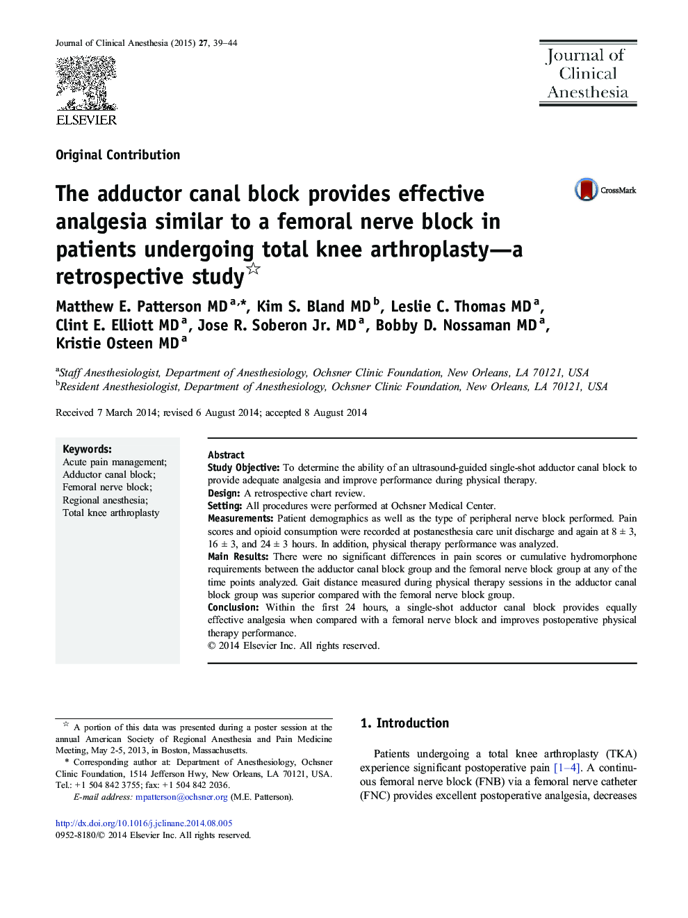 The adductor canal block provides effective analgesia similar to a femoral nerve block in patients undergoing total knee arthroplasty—a retrospective study 