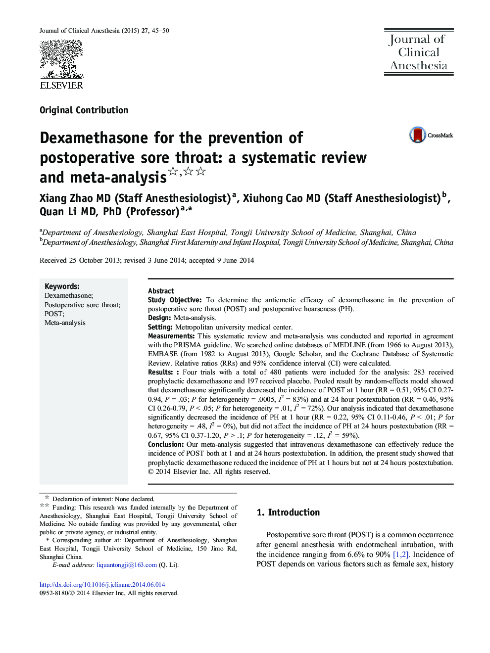 Dexamethasone for the prevention of postoperative sore throat: a systematic review and meta-analysis 