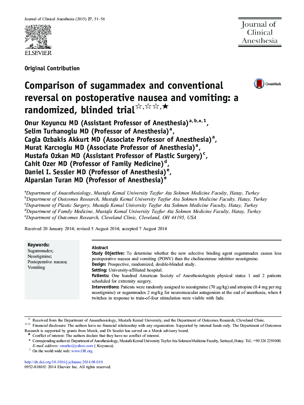 Comparison of sugammadex and conventional reversal on postoperative nausea and vomiting: a randomized, blinded trial ★