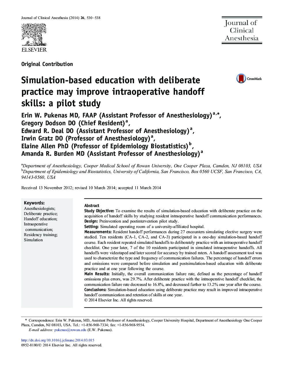 Simulation-based education with deliberate practice may improve intraoperative handoff skills: a pilot study