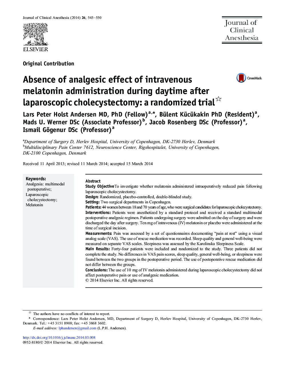 عدم وجود اثر ضد درد تزریق داخل وریدی ملاتونین در روز بعد از کولسیستکتومی لاپاروسکوپی: یک مطالعه تصادفی 