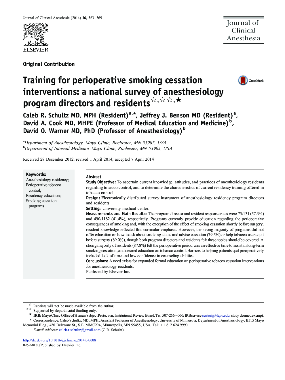 Training for perioperative smoking cessation interventions: a national survey of anesthesiology program directors and residents ★