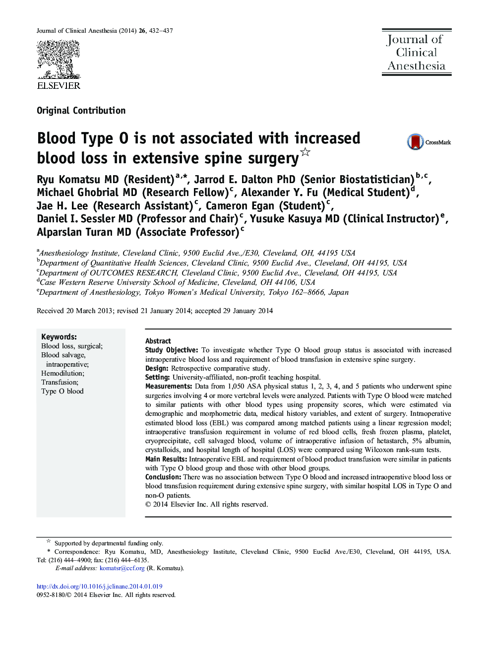 Blood Type O is not associated with increased blood loss in extensive spine surgery