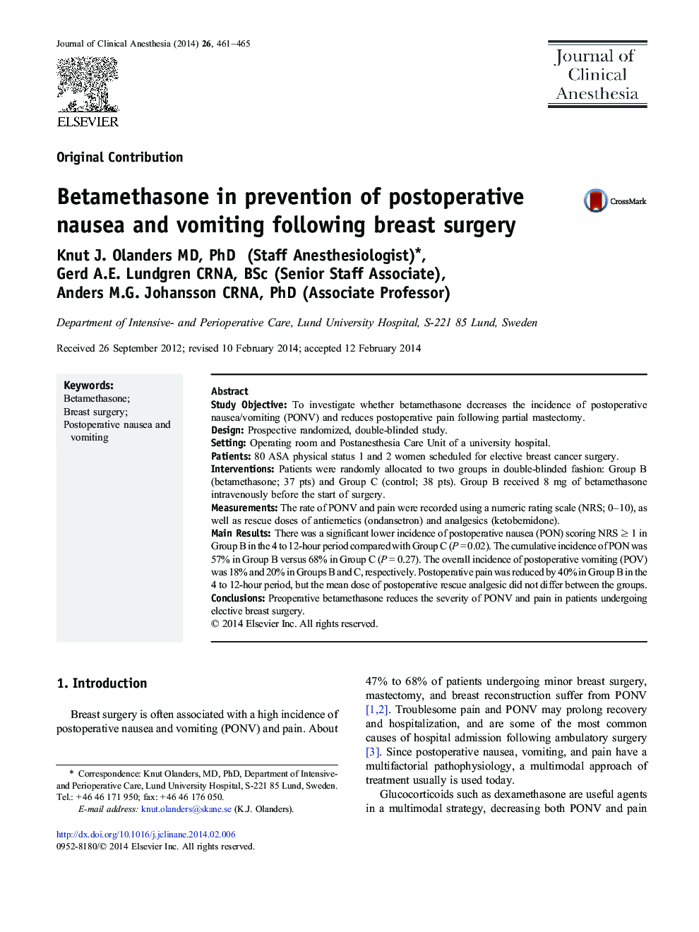 Betamethasone in prevention of postoperative nausea and vomiting following breast surgery