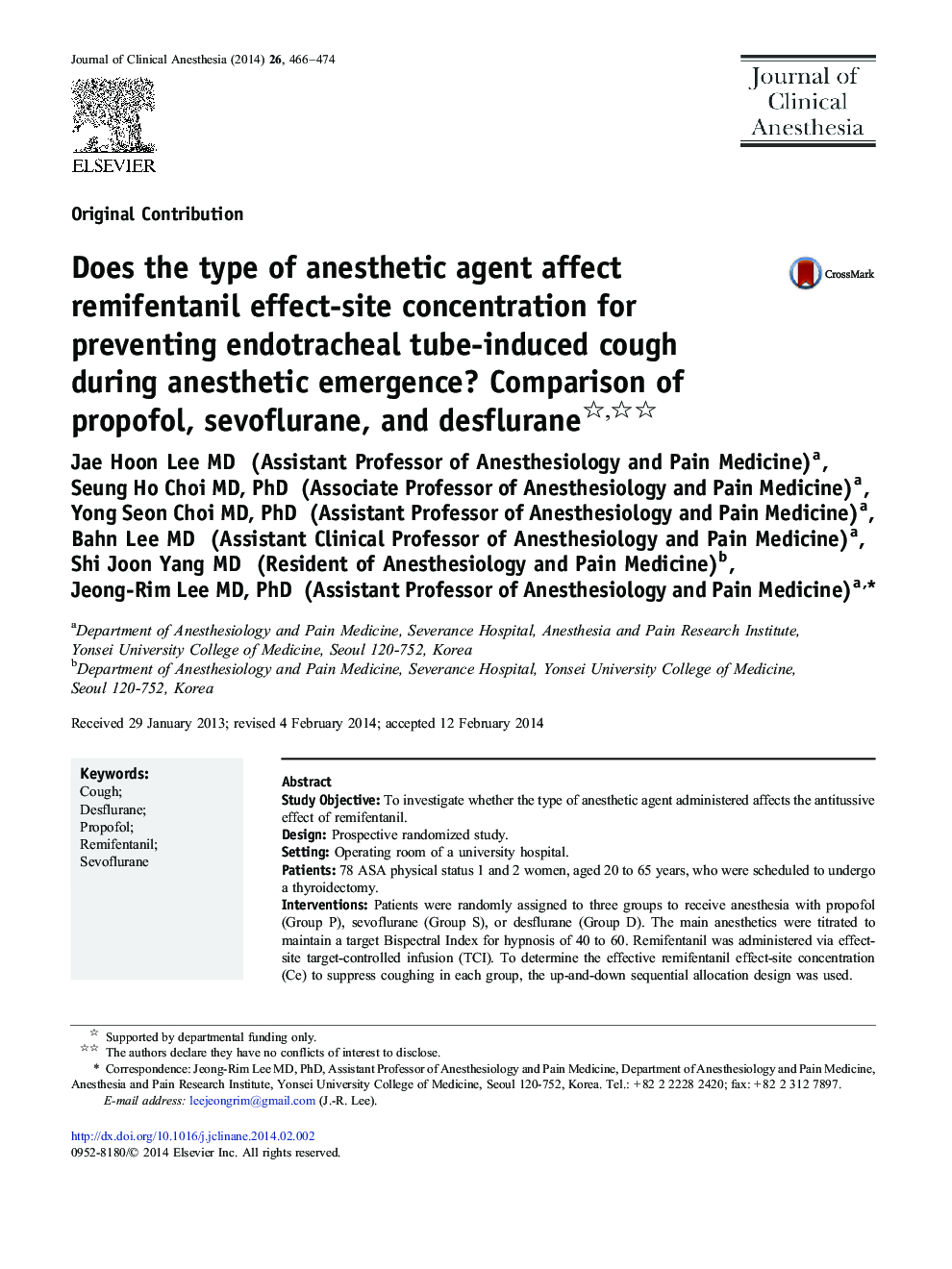 Does the type of anesthetic agent affect remifentanil effect-site concentration for preventing endotracheal tube-induced cough during anesthetic emergence? Comparison of propofol, sevoflurane, and desflurane 