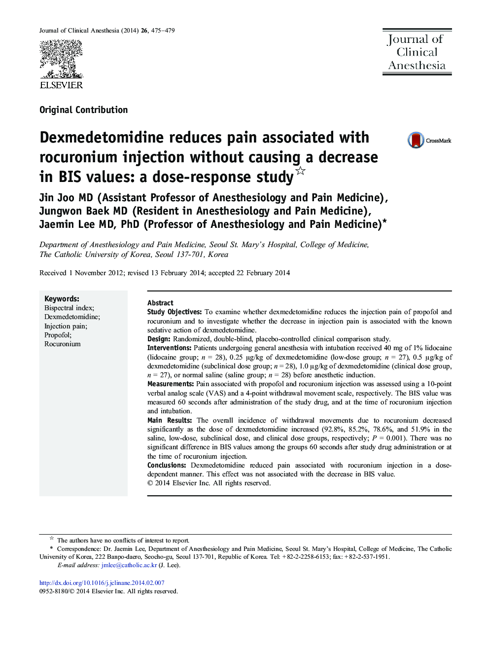 Dexmedetomidine reduces pain associated with rocuronium injection without causing a decrease in BIS values: a dose-response study 