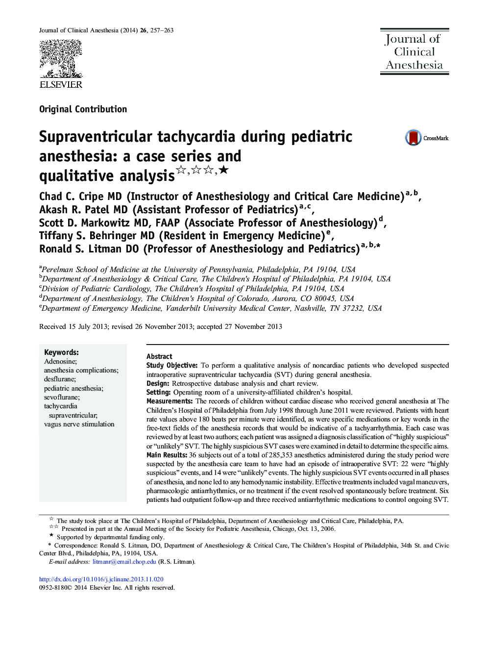 Supraventricular tachycardia during pediatric anesthesia: a case series and qualitative analysis ★