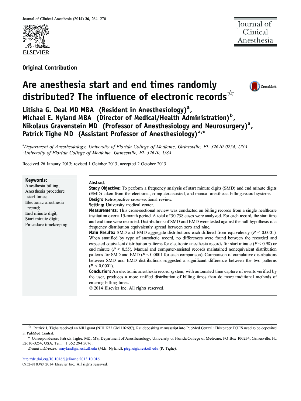Are anesthesia start and end times randomly distributed? The influence of electronic records 