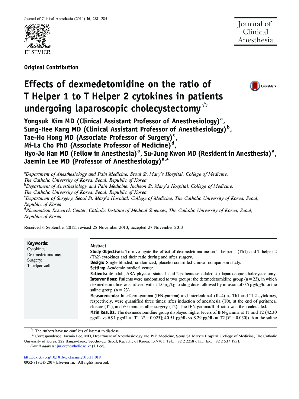 Effects of dexmedetomidine on the ratio of T Helper 1 to T Helper 2 cytokines in patients undergoing laparoscopic cholecystectomy 