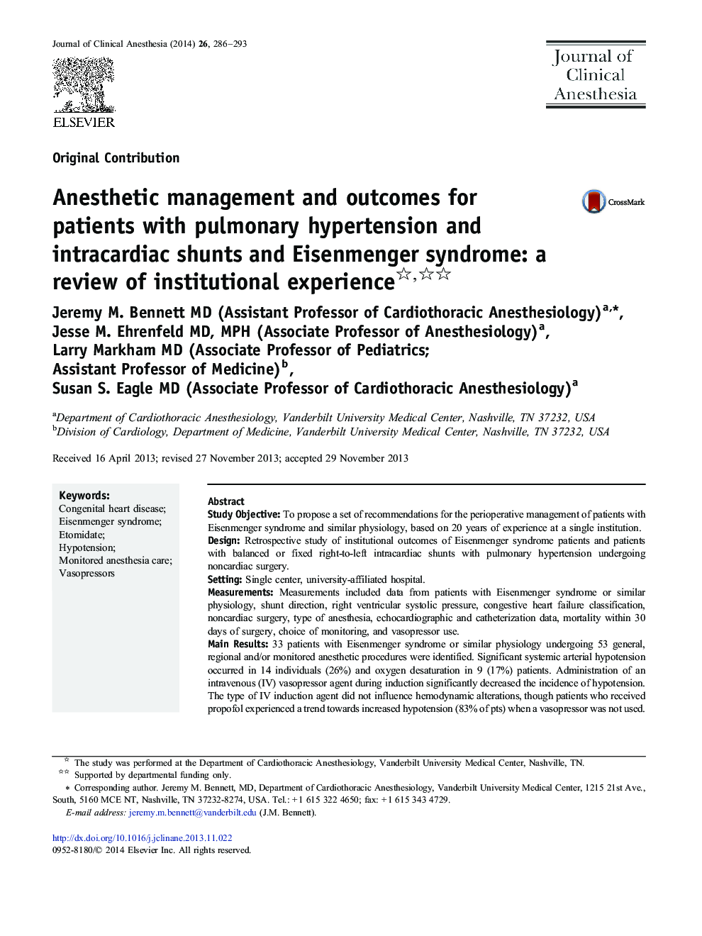 Anesthetic management and outcomes for patients with pulmonary hypertension and intracardiac shunts and Eisenmenger syndrome: a review of institutional experience 