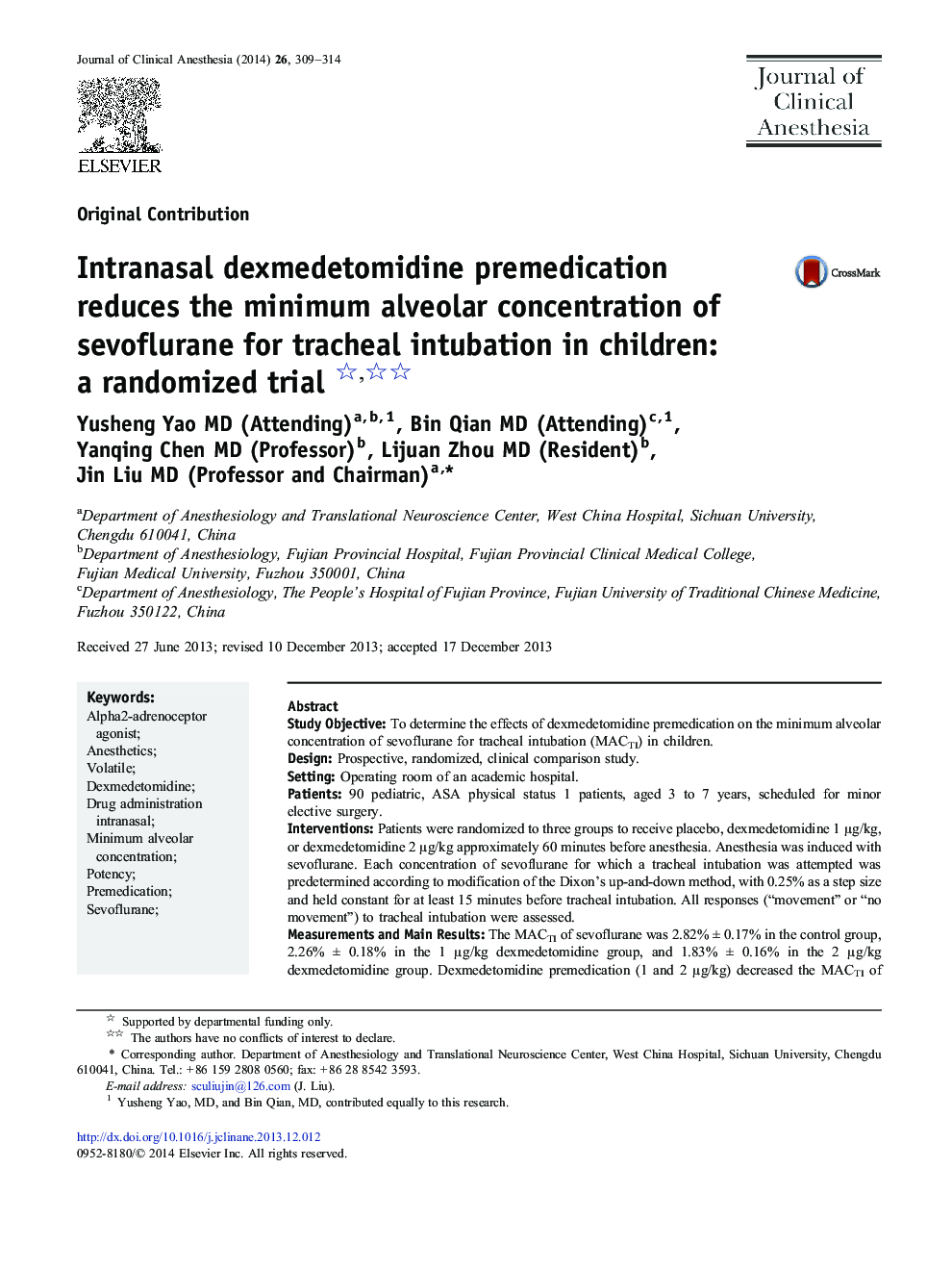 Intranasal dexmedetomidine premedication reduces the minimum alveolar concentration of sevoflurane for tracheal intubation in children: a randomized trial 