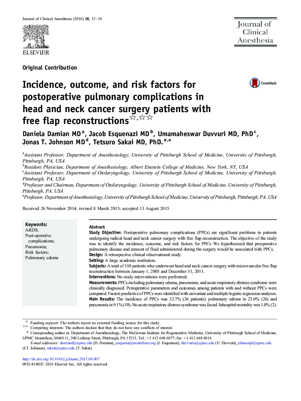 Incidence, outcome, and risk factors for postoperative pulmonary complications in head and neck cancer surgery patients with free flap reconstructions 