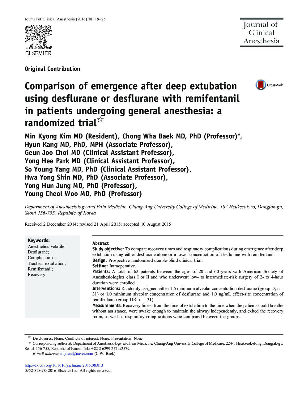 Comparison of emergence after deep extubation using desflurane or desflurane with remifentanil in patients undergoing general anesthesia: a randomized trial 