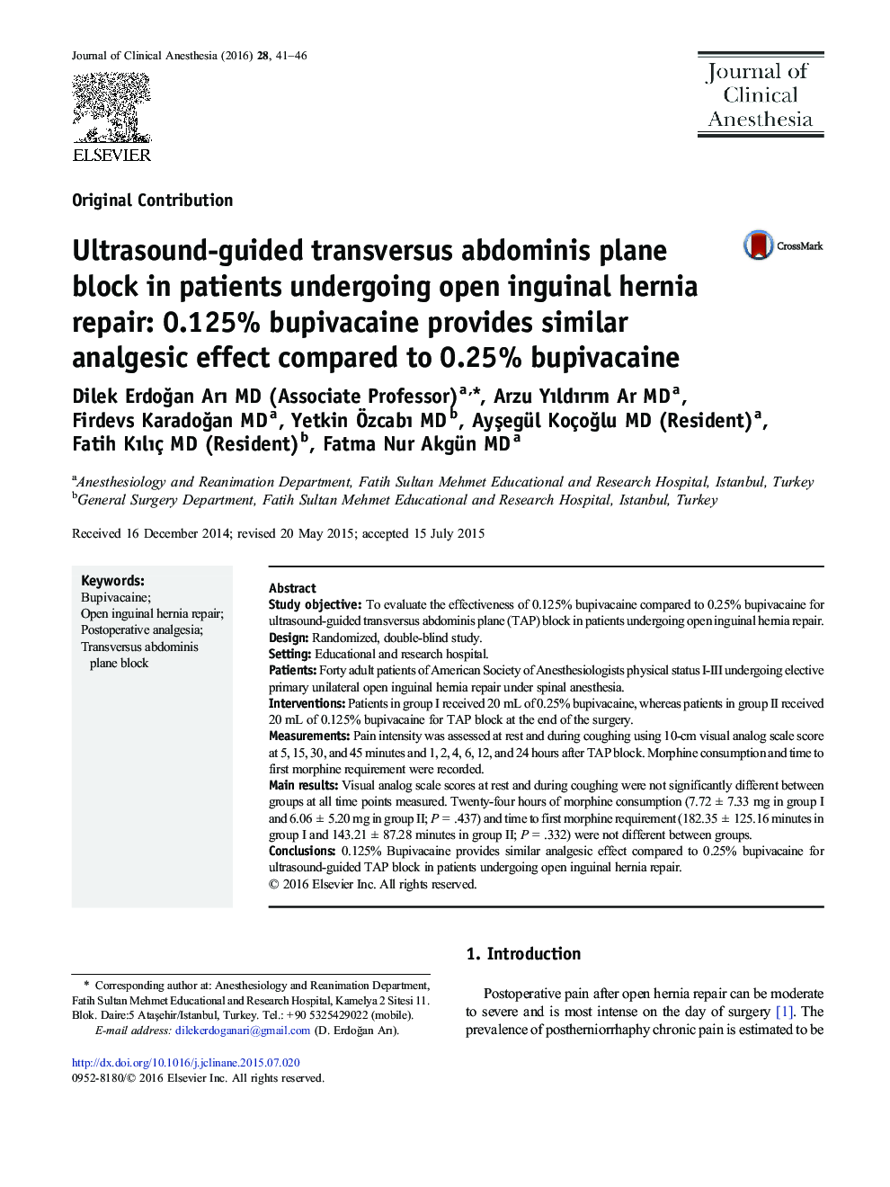 Ultrasound-guided transversus abdominis plane block in patients undergoing open inguinal hernia repair: 0.125% bupivacaine provides similar analgesic effect compared to 0.25% bupivacaine