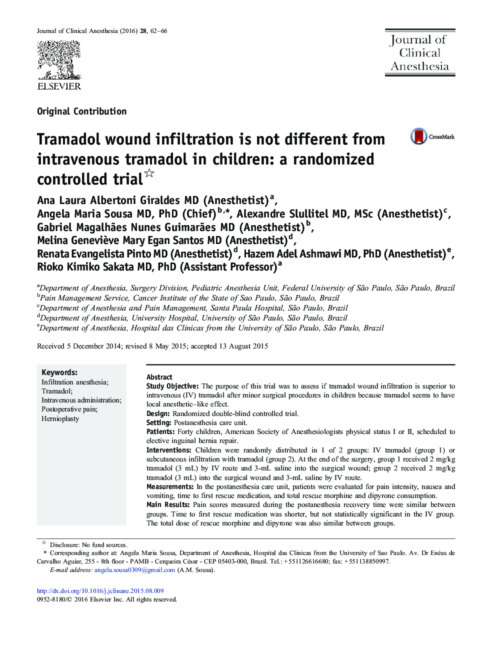 Tramadol wound infiltration is not different from intravenous tramadol in children: a randomized controlled trial 